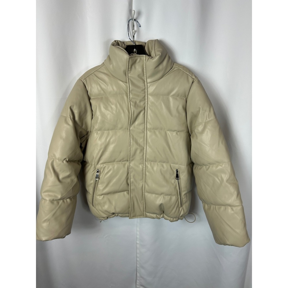 Dex Faux Leather Puffer Jacket Beige Cream Quilted Zip Up‎ Minimalist Size Small
